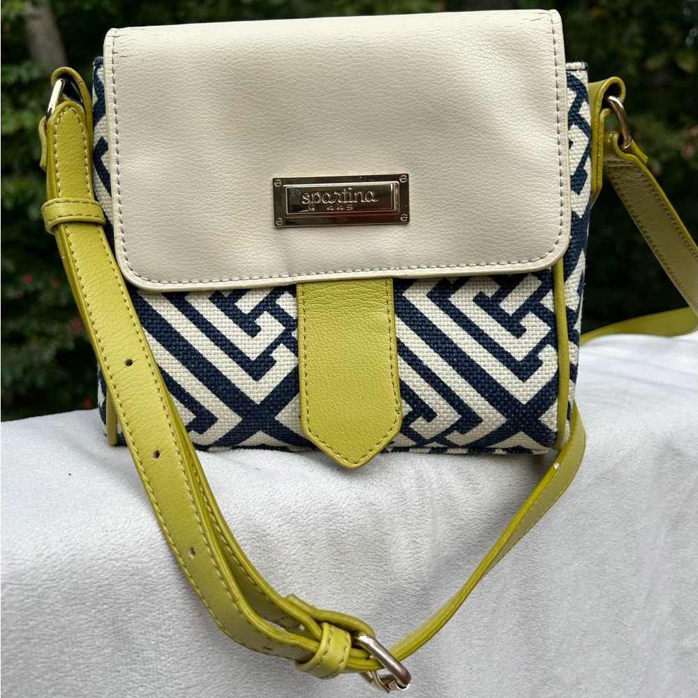 Spartina 449 Leather Crossbody, Blue on Cream Geometric Design, Lime Green Trim - Picture 3 of 9